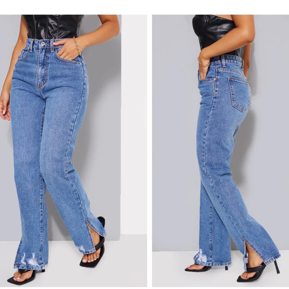 PETITE mid blue ripped split hem jeans